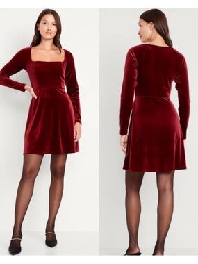 NWT Old Navy Long Sleeve Deep Red Fit & Flare Velvet Stretch Mini Dress S